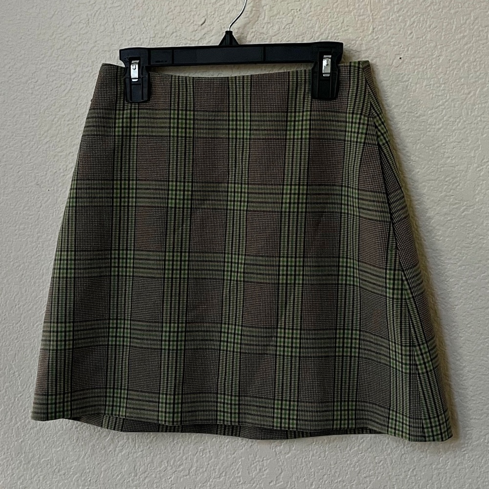 Aritzia Green and Brown Plaid A-Line Skirt